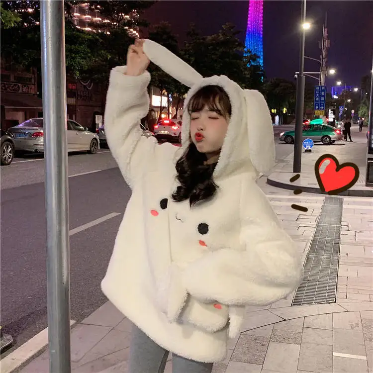 Kawaii Rabbit ears Hoodies for Women Warm Long Sleeve Sweet Rabbit Bag Hooded Female Autumn Winter Korean Loose Cute Sweatshirt