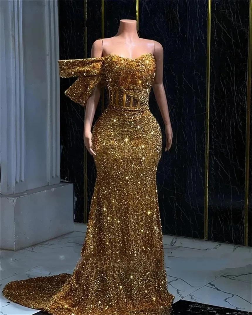 

2026 Customized New Luxurious Sparkling Gold Glitter Mermaid Party Evening Dress Sexy Off Shoulder Formal Occasion Ball Dress
