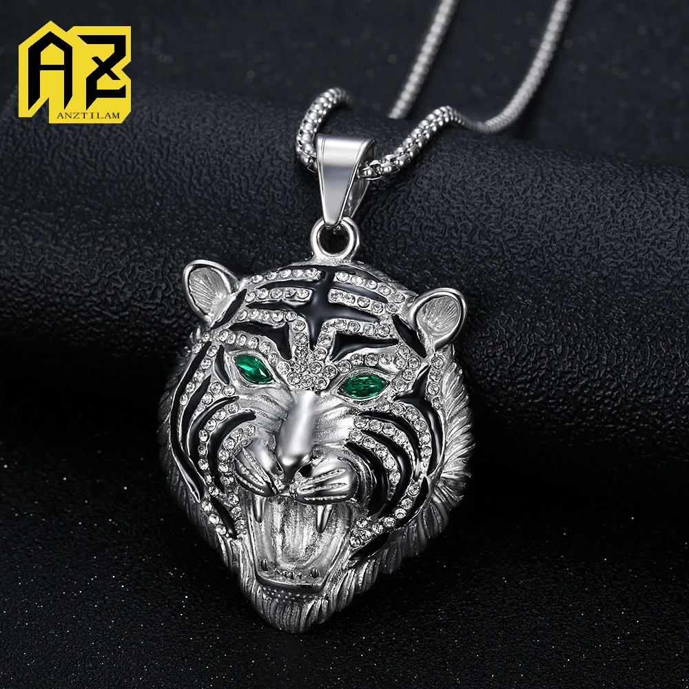 Anztilam Tiger Pendants No Fade 316L Stainless Steel Iced Out Pendant with Long Link Chain Necklaces for Men Hip Hop Jewelry