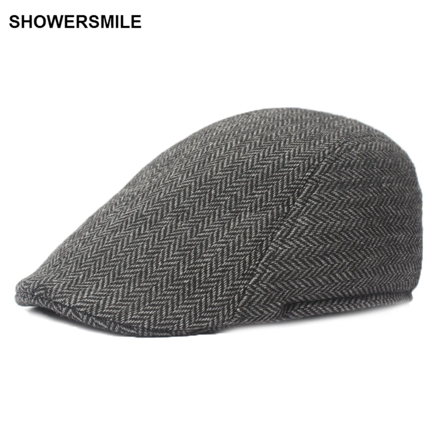 SHOWERSMILE Brand Herringbone Flat Cap Beret For Mens Women British Wool Tweed Duckbill Cap New Fashion Winter Warm Hat And Cap