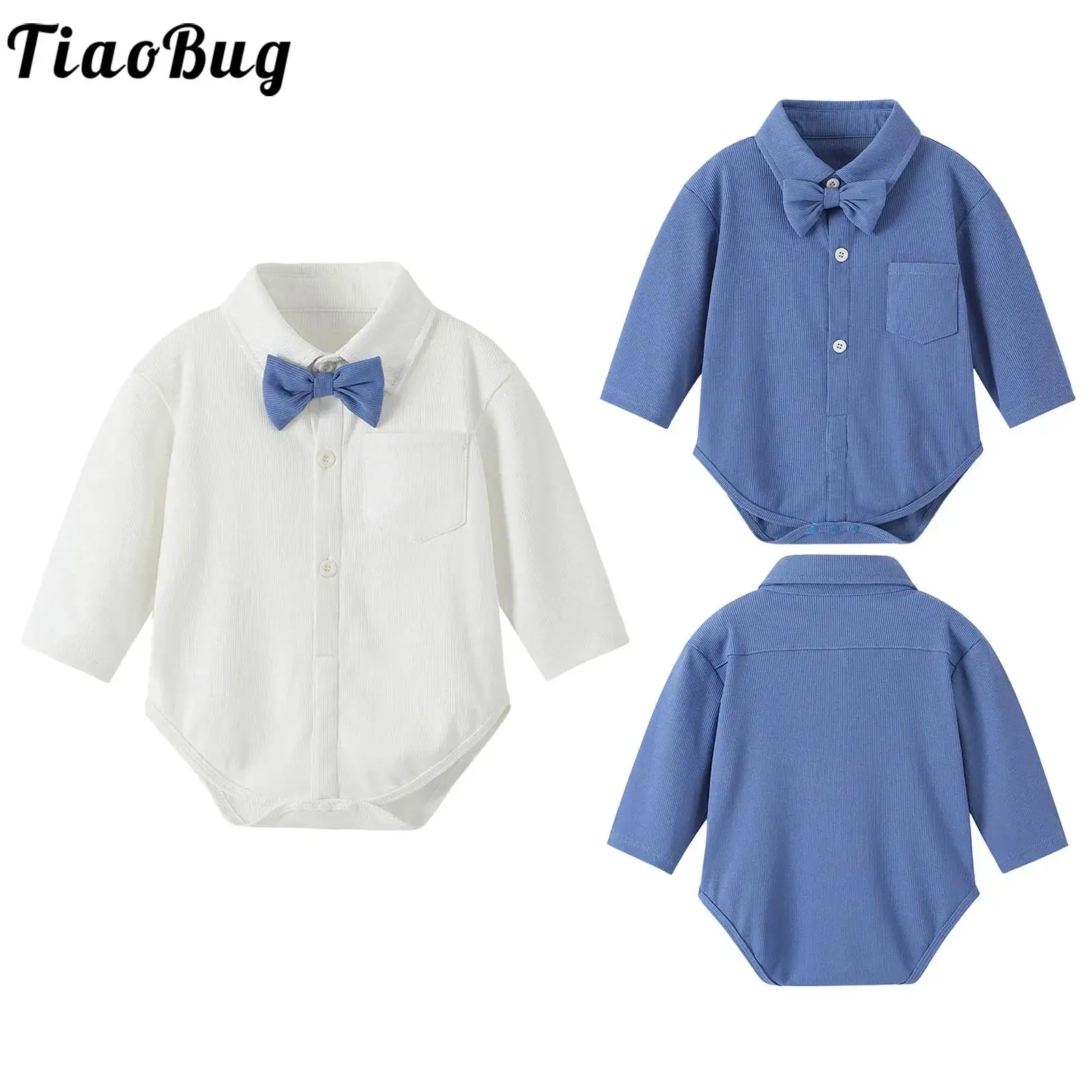 

Newborn Baby Boys Gentleman Shirt Rompers Long Sleeve Button Up Collar Ribbed Bowtie Jumpsuit Wedding Birthday Party Bodysuit