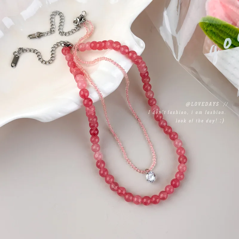 Double Layer Pink Beaded Necklace for Women Premium Elegant Skin Tone Brightening Choker Collarbone Standard Length