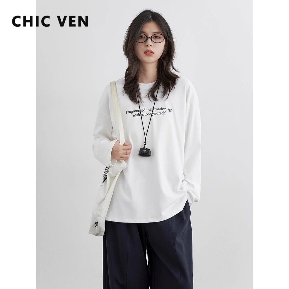 CHIC VEN Nowe damskie koszulki luźne, codzienne z okrągłym dekoltem, z długim rękawem, bazowe bluzki z nadrukiem liter, damskie topy jesień-zima 2025