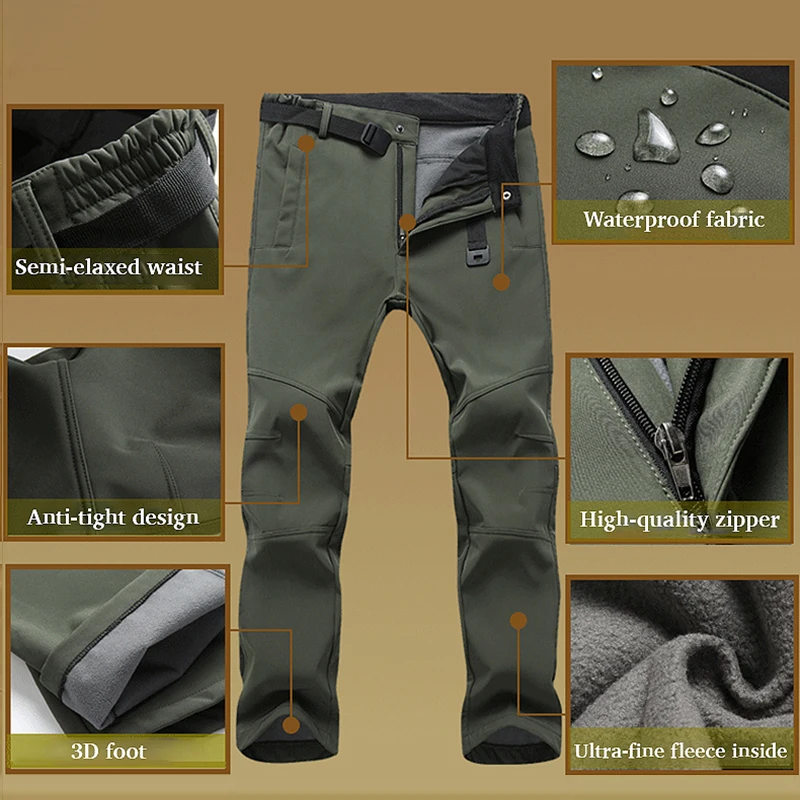 JNLN Winter Fleece Men Pants Hiking Climbing Camping Waterproof Work Pants Outdoor Sports Mountaineering Skiing Warm Trousers