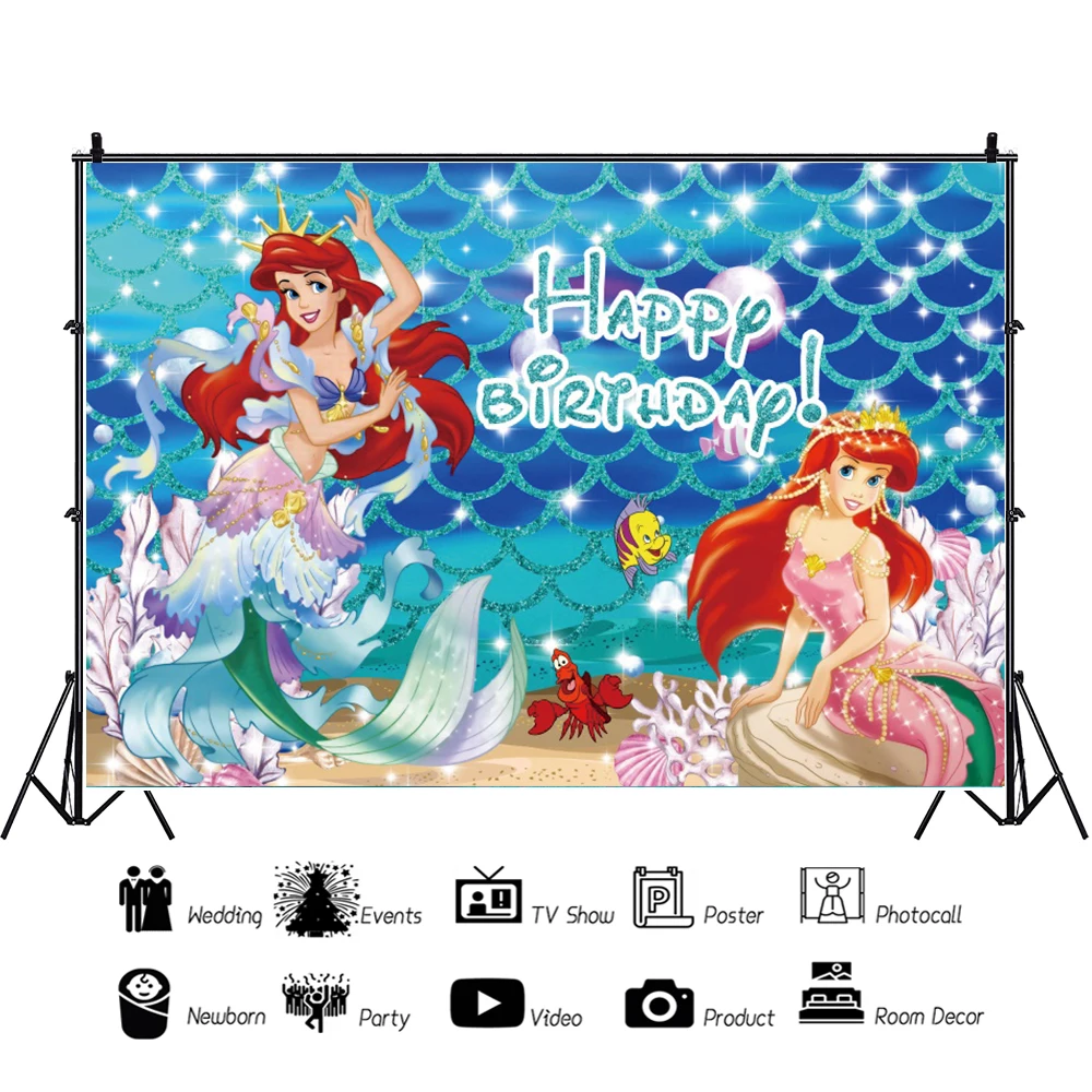 

Ariel The Little Mermaid Background For Photography Backdrop Birthday Decoration Baby Shower Princess Kid's Party Banner Props