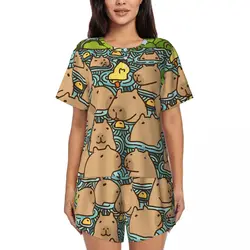 Custom A Pond Full Of Capybara Pajamas Set for Women 2 Piece Short Sleeve Sleepwear Loungewear PJ Shorts Sets