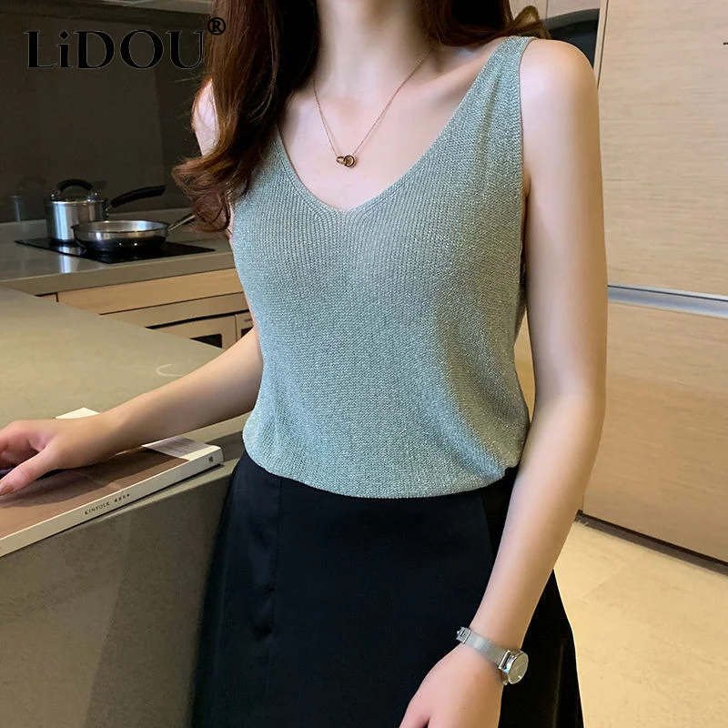 Summer New V-neck Solid Color Sequins Knitting Tank Top Women Sleeveless Casual Fashion Pullover Tee Ladies Loose Bottomed Vest