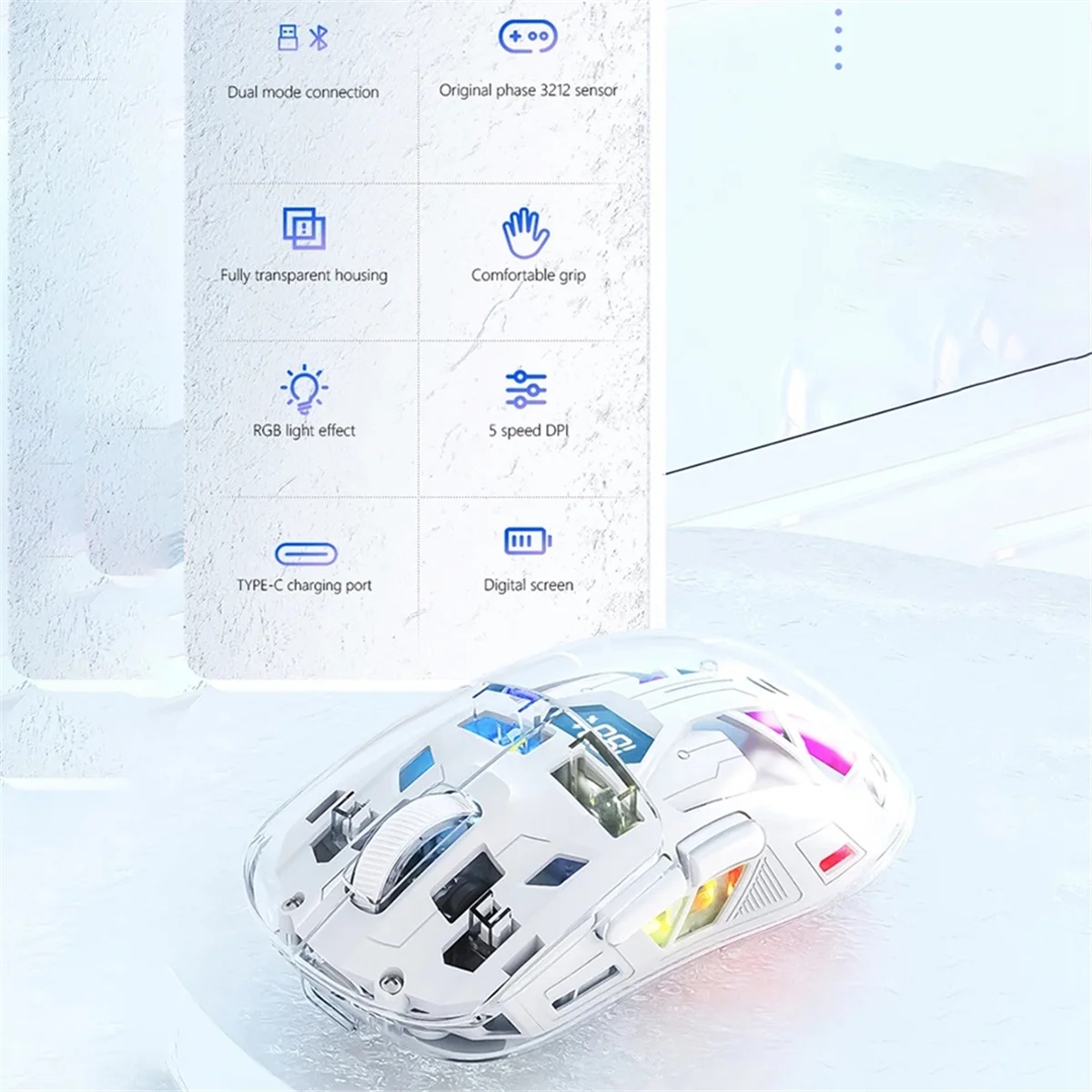 ABXHA Mouse Nirkabel Transparan dengan Layar Digital, 2.4G RGB 4000DPI Penyesuaian 5 Langkah, Tombol Bass, Mouse Gamer Bluetooth, A