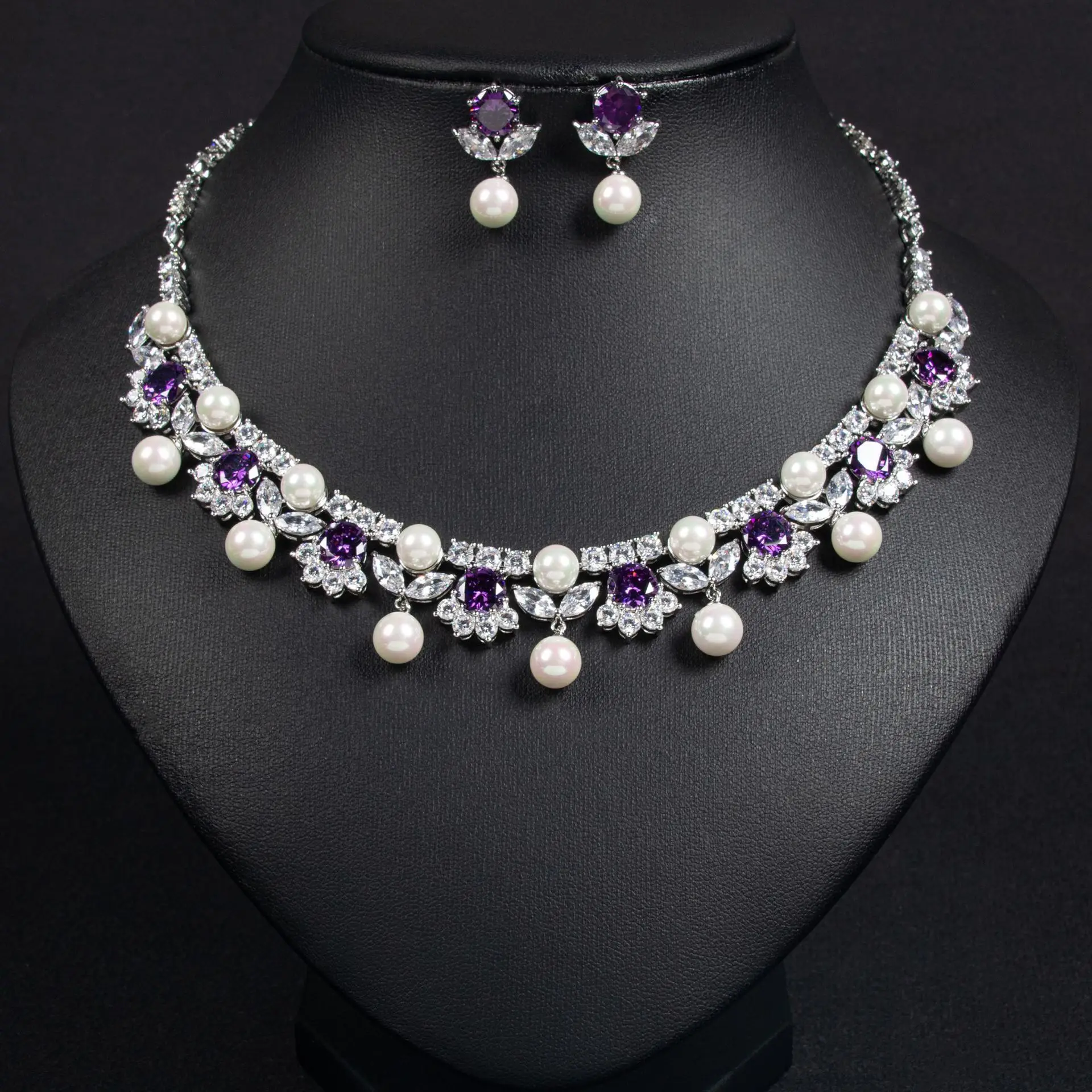 New luxury glamour dazzling pearl zirconia ladies jewellery necklace earrings set party wedding graduation dress gift M-361