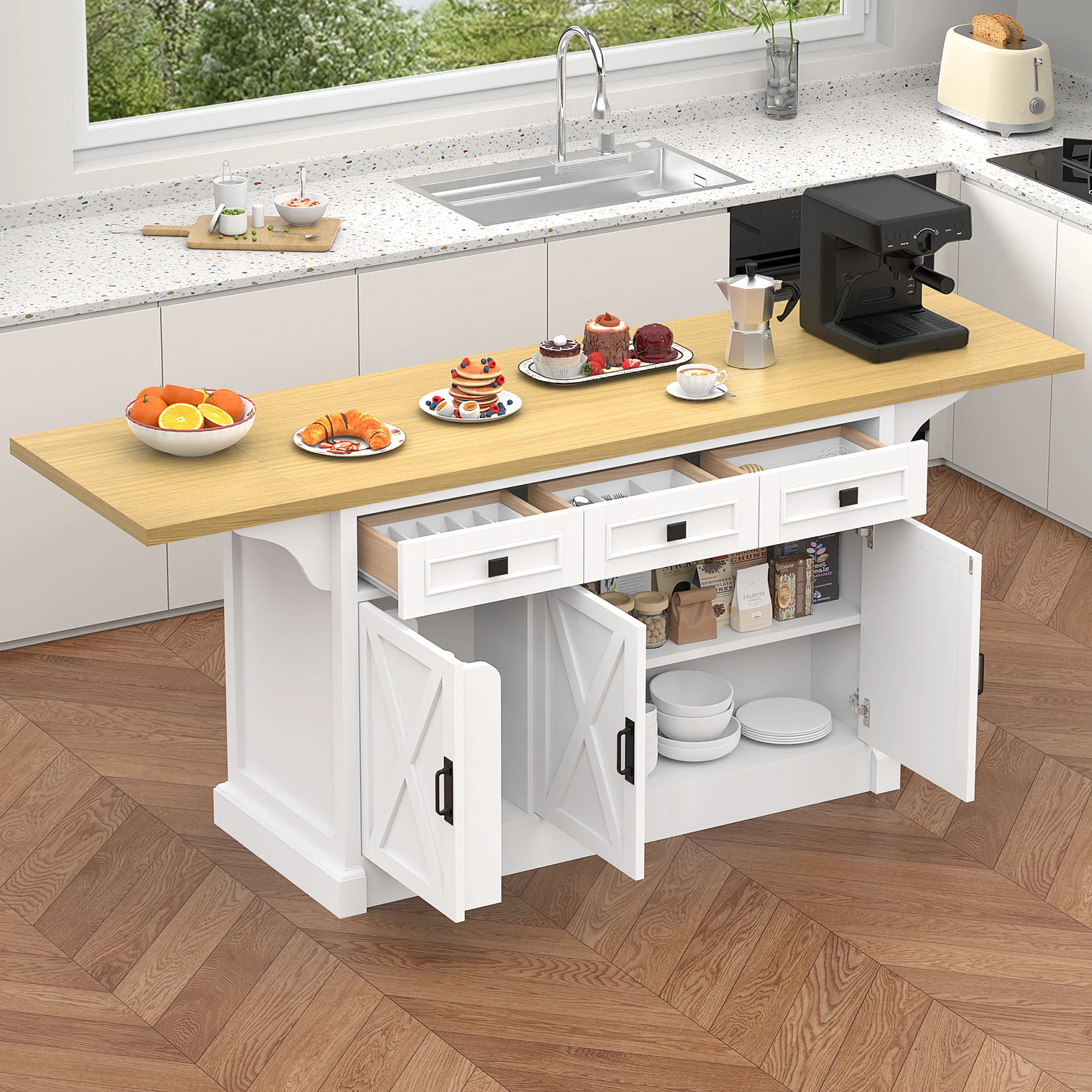 73" Large Kitchen Island, Kitchen Island Cart with Trash Storage Cabinet, Power Outlet, Drop Leaf, Island Table for Kitchen view 2