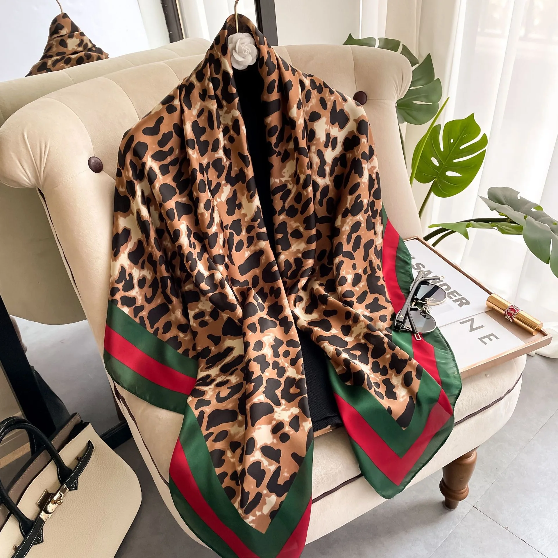 110cm Large Shawl Silk Square Scarf for Women Luxury Print Hijab Bandana Muslim Headband Wrap Beach Stoles Foulard Echarpe