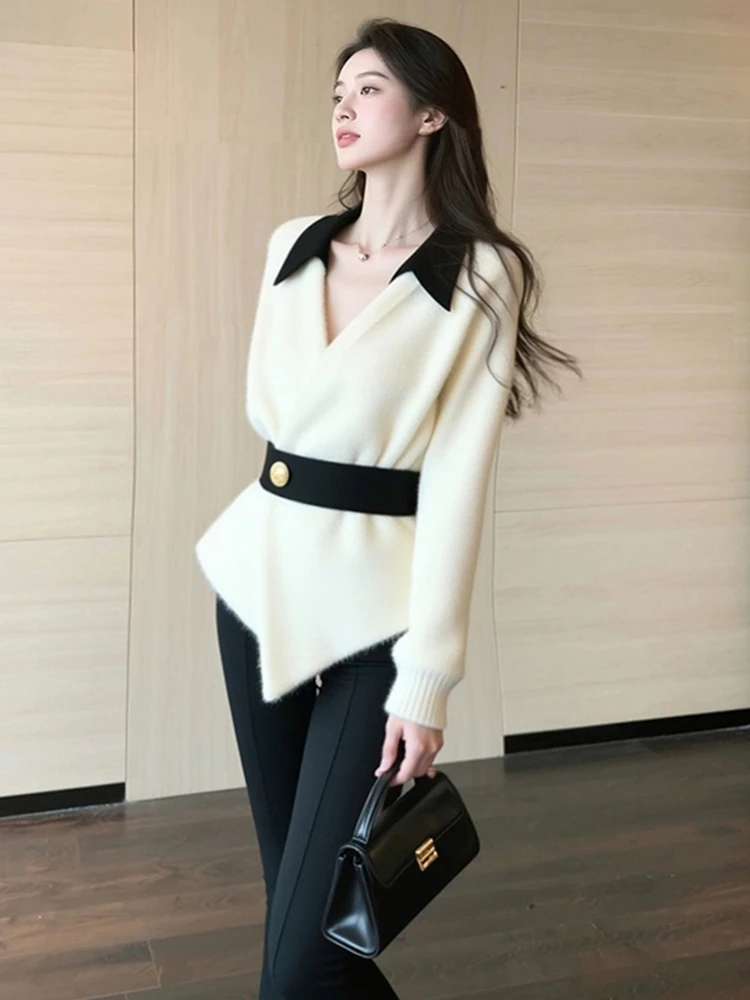 Ele Collar Color Blo Knitwear Long Sve Bequemer Damen-Irt-Sli Lazy Feel Winter Faion Commute Sle