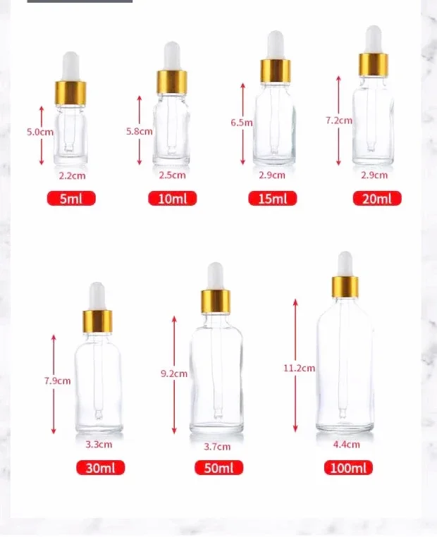 10/20PCS 30/50ml Pipette Dropper Bottles for Essential Oil Glass Liquid Drop Massage Aromatherapy Gold clear Refillable 1/2OZ