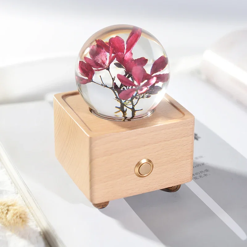 

Wholesale price Portable gift Wireless Music Box Resin Crystal ball dry flowers inside night light wood box speakers light