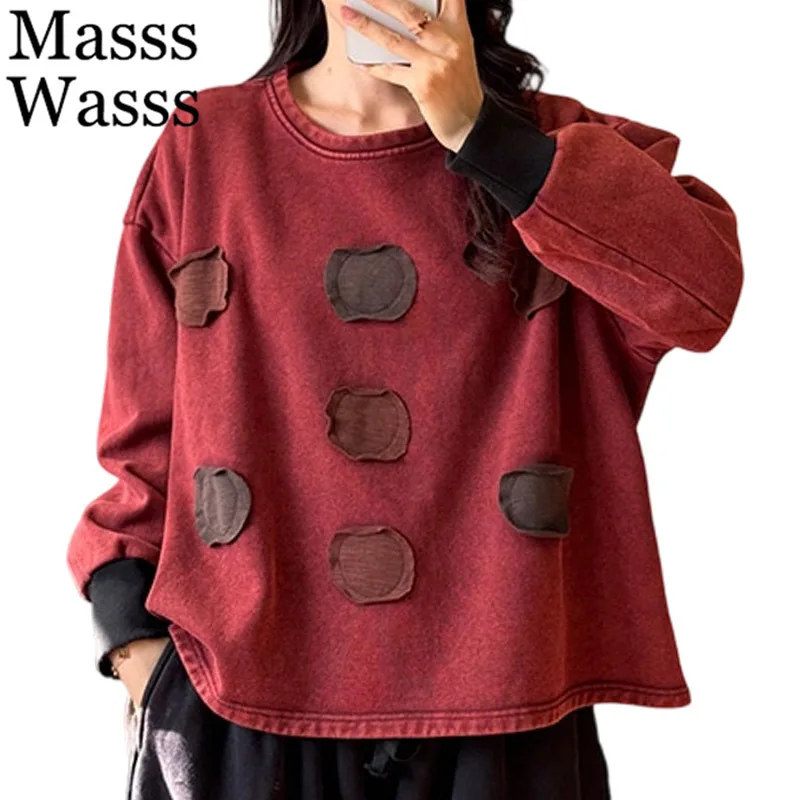 

Mass Wasss 2025, зимние футболки японского дизайна, женская модная свободная одежда, женские свободные классические повседневные винтажные лоскутные топы