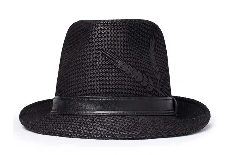 Fedora Hut Männer Frühling Winter Echtes Leder Wildleder Druck Schwarz GeometrieTop Hüte Für Frauen Britischen Herren Breite Krempe Durchführen – Detail 3