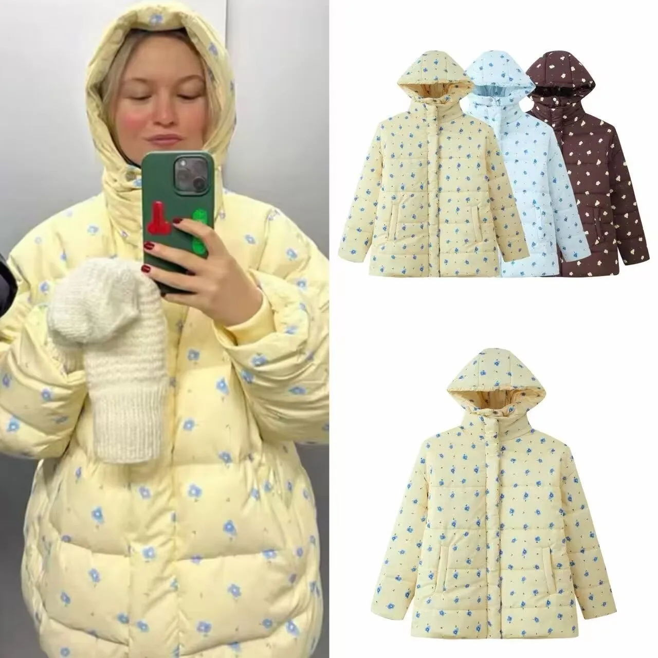 New Winter Fashion Women Flower Print Front Zipper Bread Parka Coat for Woman Removable Hat Hooded Long Sleeve Loose Outerwear
