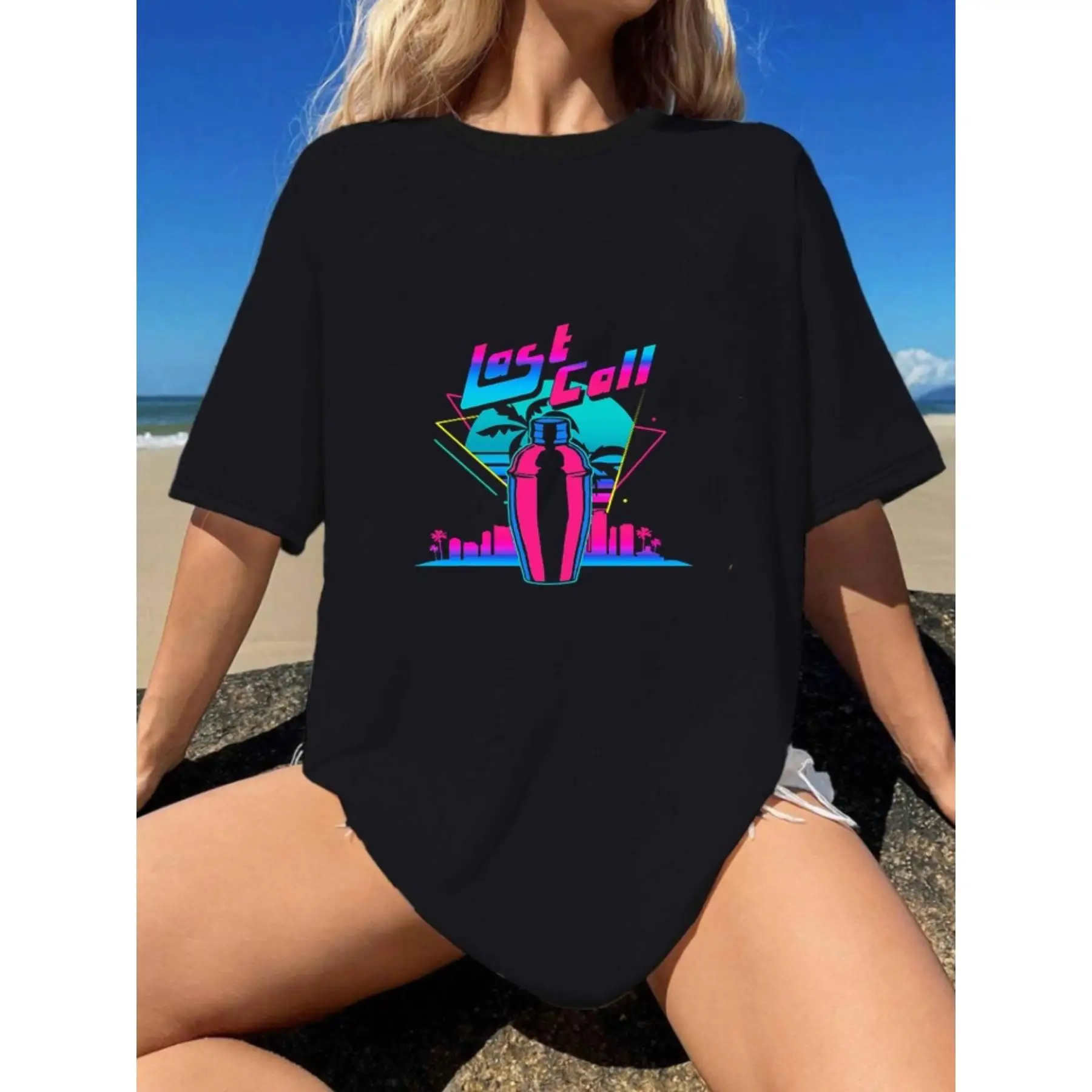 

Last Call Graphic T-Shirt Unisex Retro Neon Bar Nightlife Cotton Tee for Summer Beach Party or Bartender Gift Idea
