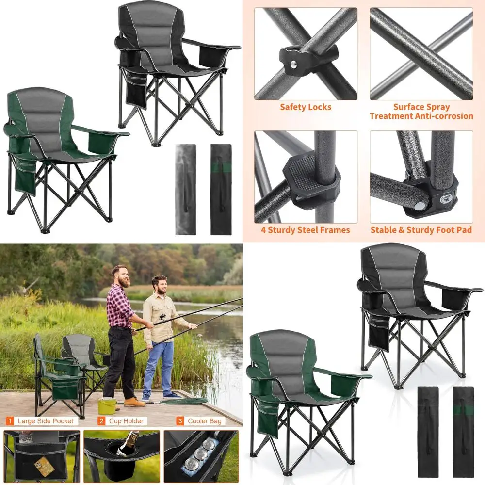 

Набор из 2-х складных кемпинговых кресел с мягкой обивкой для взрослых, усиленная конструкция, выдерживают до 400 фунтов, портативные садовые кресла с подстаканником и сумкой-холодильником