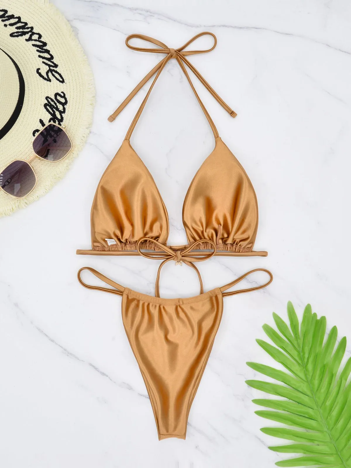 S - XL Neuer, sexy, goldener Bikini mit hohem Beinausschnitt, Damen-Badeanzug, zweiteiliges Bikini-Set, Badebekleidung, Badeanzug, Modell V6192G. – Detail 11