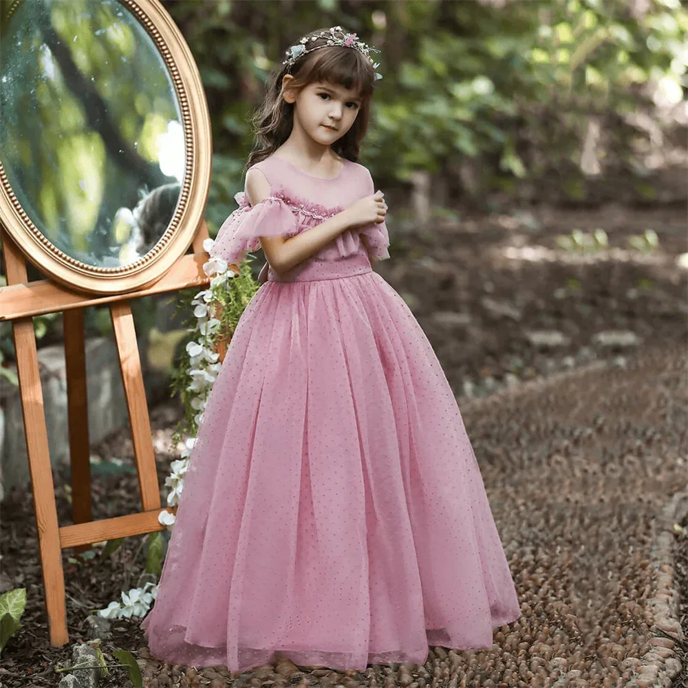 O pescoço renda plissado cristais manga curta uma linha formal vestido de comunhão para menina arco até o chão trem varredura vestido da menina flor