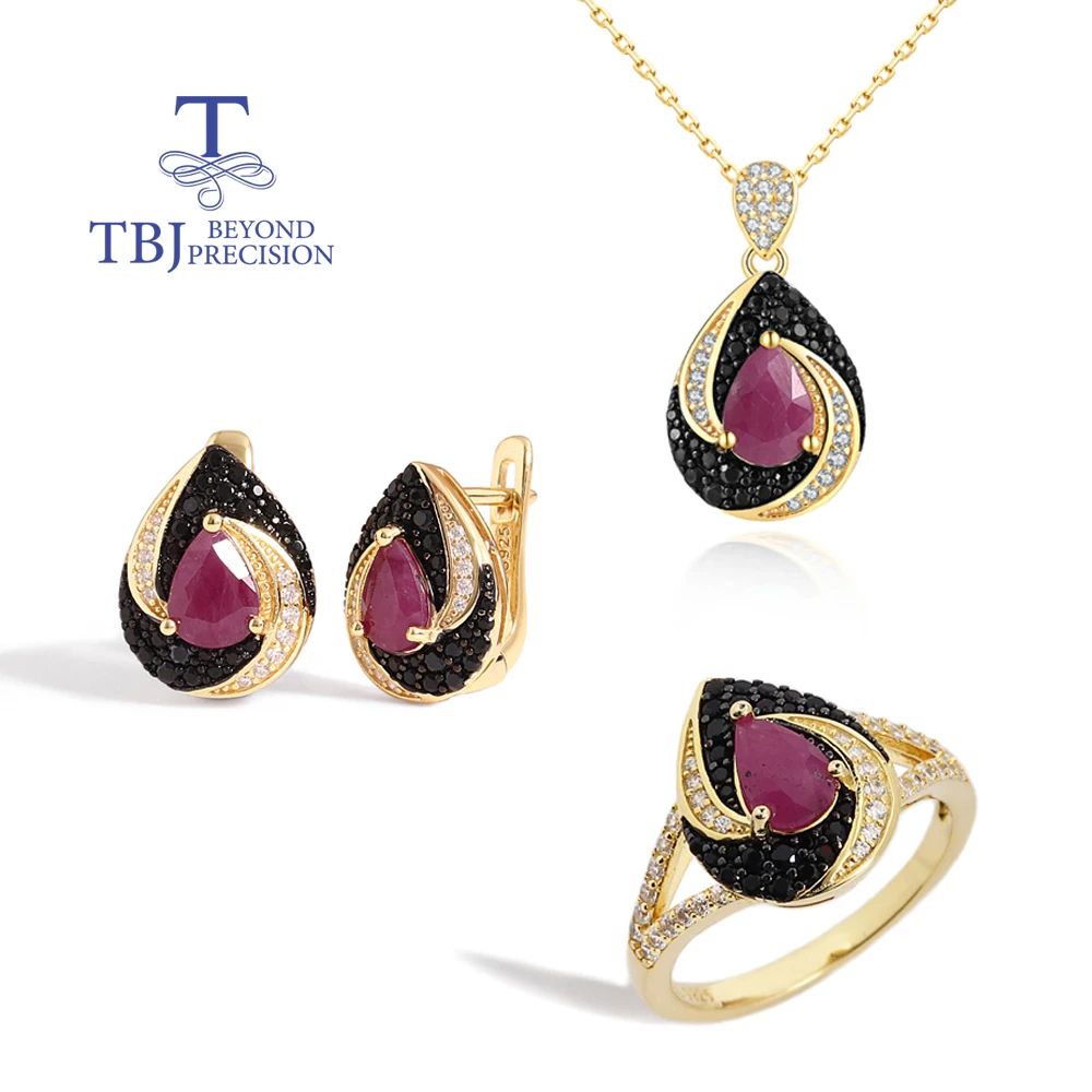 

Винтажный комплект ювелирных изделий из рубина с натуральной грушей 5*7 мм, кольцо из стерлингового серебра 925 пробы, серьги, ожерелье с подвеской для женщин, одежда для помолвки и вечеринки