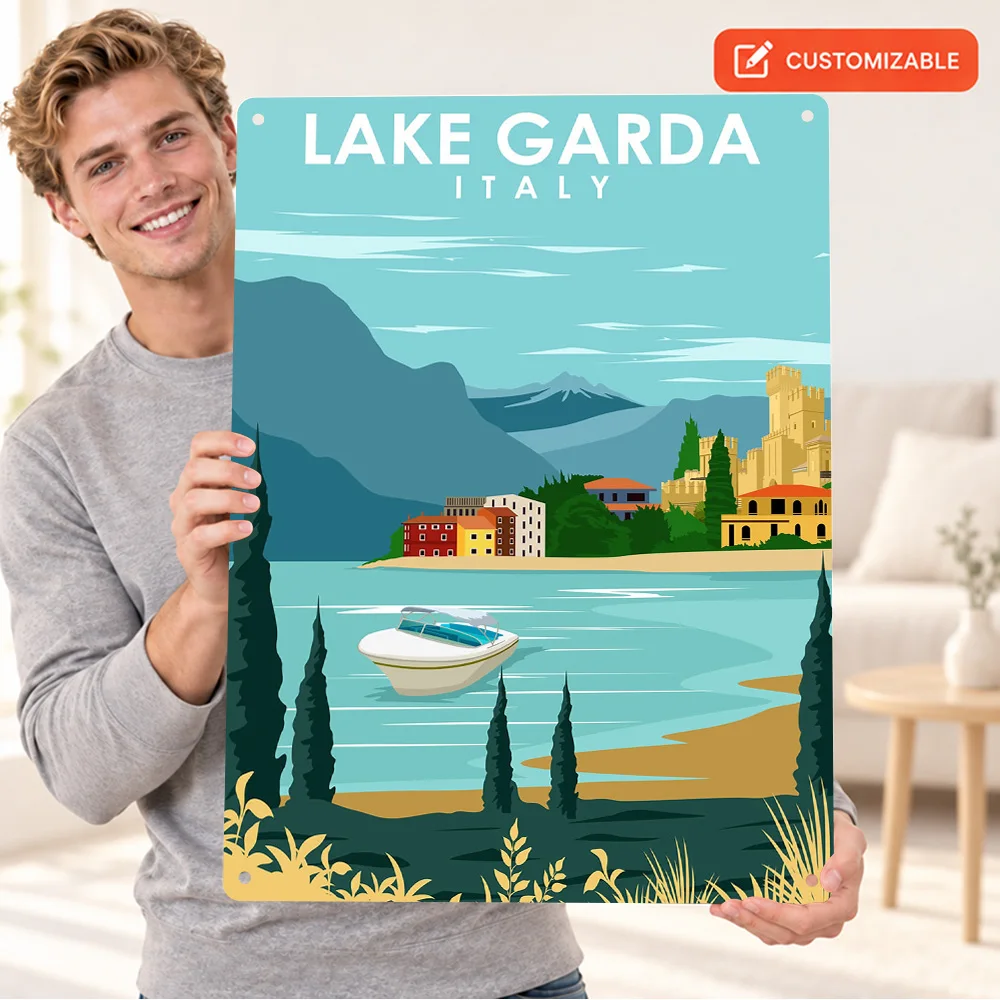 Lake Garda Boats Textured Metal Poster Personalized Aluminum Sign Retro Illustration Wall Art For Holiday Rental Living Room