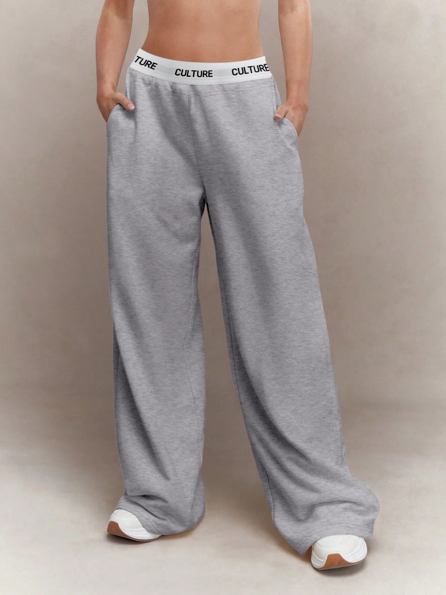 Bestseller Pantaloni grigi a gamba larga da donna comodi pantaloni larghi con cintura "CULTURE".