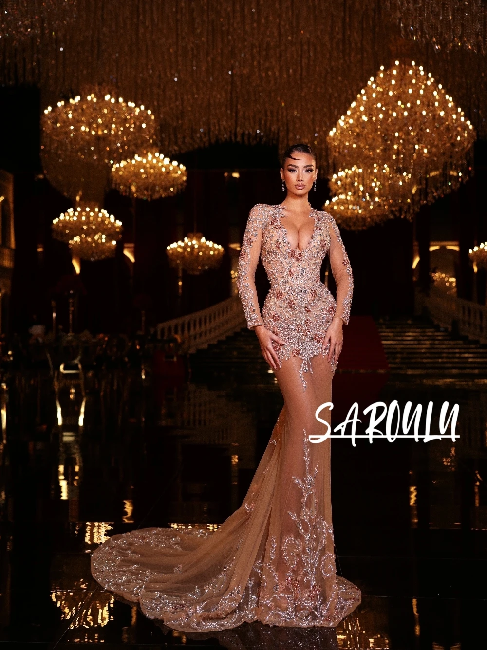 

Sexy Backless Plunge Neckline Evening Dress Delicate Beaded Sequined Mermaid Prom Gown Customized Red Carpet Party Galas Wear