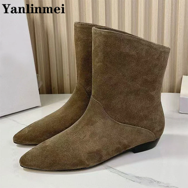 Luxury Cow Suede Short Boots Woman Pointed Toe Slip-On Chelsea Boots Comfort Flat Ankle Boots Women Western Cowboy Boots Woman