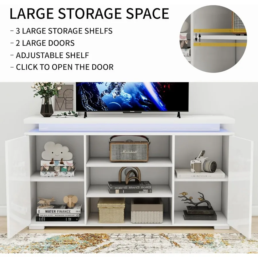 Suporte de TV brilhante, centro de entretenimento moderno com armazenamento, 2 portas para TVs de até 60 polegadas, mesa de console de mídia com luzes LED