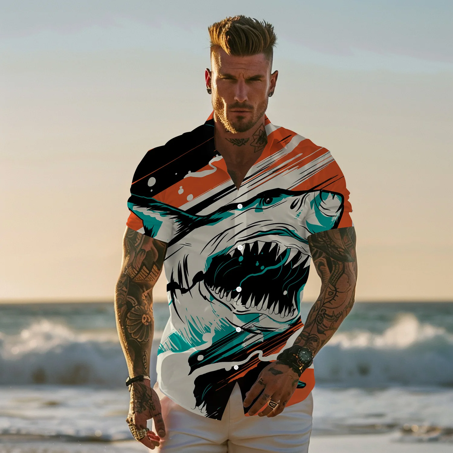 Men's Hawaiian Shirt Print Deep Sea Shark Casual Loose Streetwear Shirt Harajuku Fashion Social Oversized Funny Men's Clothing