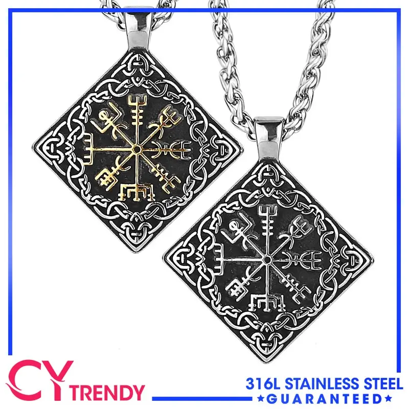 

Men's Fashion Viking Compass Rune Square Stainless Steel Pendant Necklace European American Style Jewelry Accessory