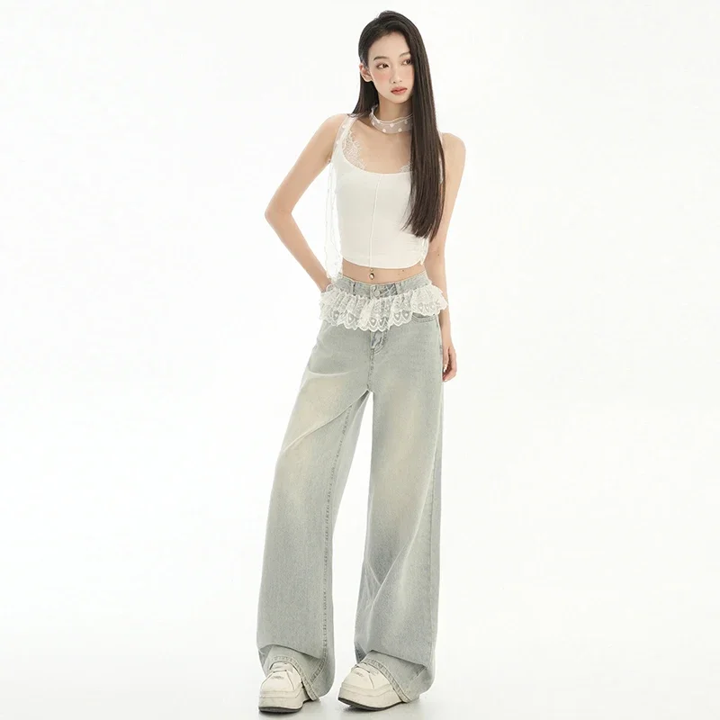 MULAN Wygodne damskie jeansy o prostym kroju, przyjazne dla skóry, w stylu retro Harajuku Y2K, streetwear, z wysokim stanem i koronkowymi wykończeniami na nogawkach.