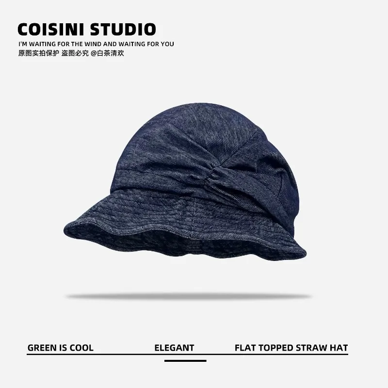 

High Quality Japanese Simple Retro Old Denim Dome Bucket Hat Spring and Summer Eaves Pleated Design Sunshade Sun Cap for Women's
