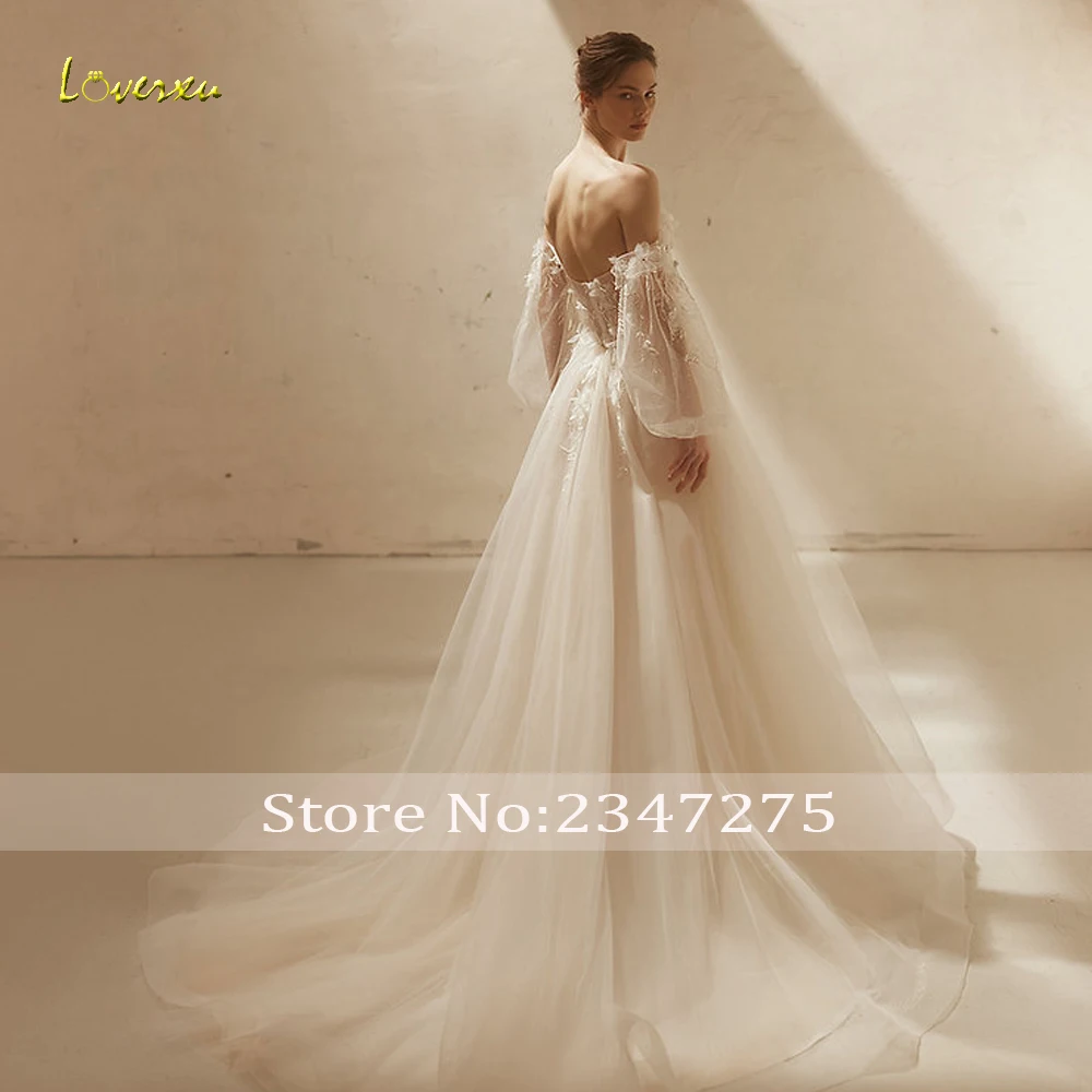 Loverxu A-Line Chic Wedding Dresses 2024 Strapless Puff Long Sleeve Vestido De Novia Appliques Flowers Illusion Robe De Mariee