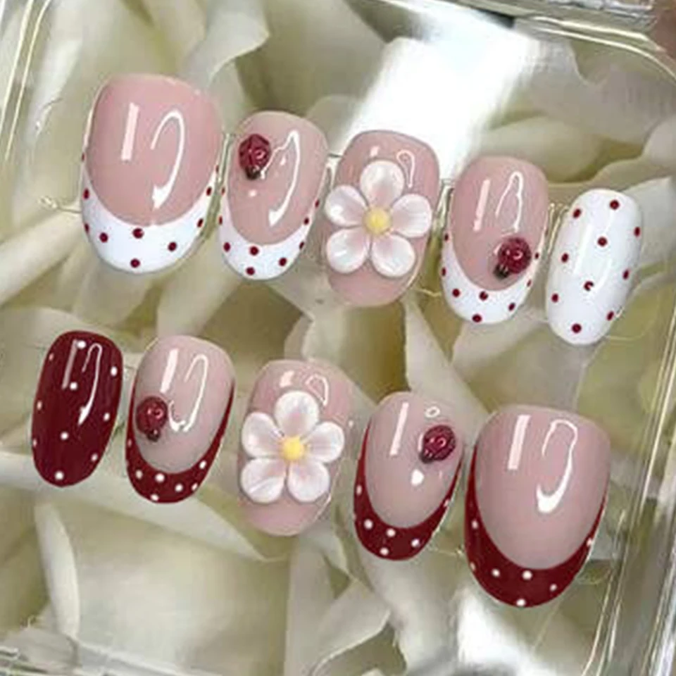 Set de 24 uñas postizas cortas ovaladas con diseño 3D de flores, mariquitas y lunares, punta francesa, acrílicas, incluye 1 gel 6