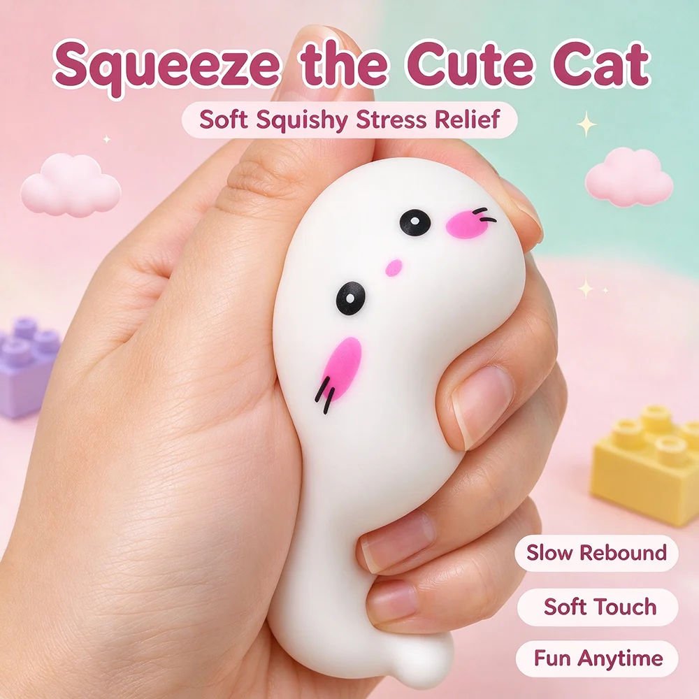 DIY Handmade Lying Cat Squishy Block Sensory Toy Crunchy Sound Slow Rebound Anti Stress Fidget Gifts for Christmas Halloween New Year Birthday Party Supplies Goodie Bag Fillers