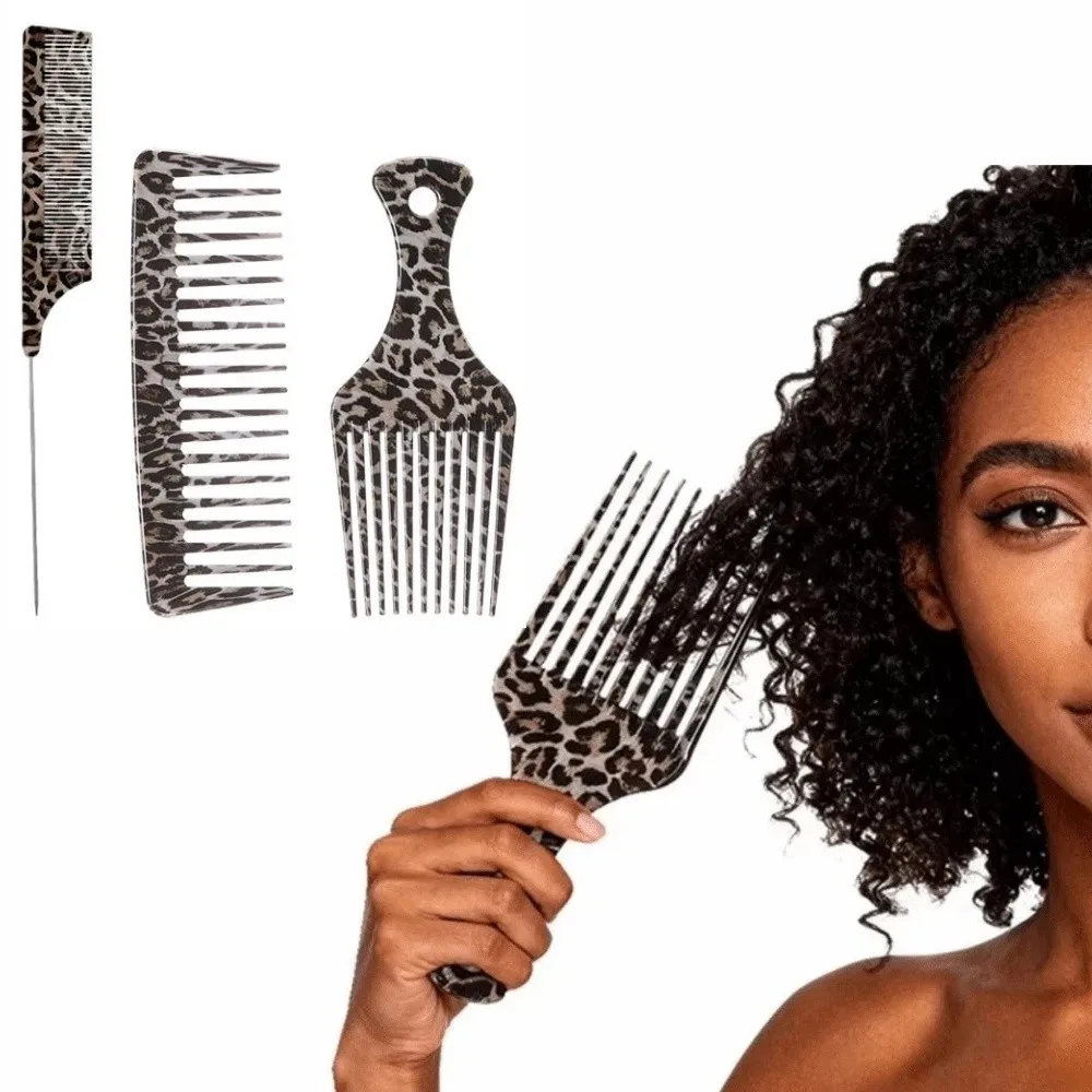 3Pcs Leopard Print Hair Styling Tools Set Wide Tooth Pin Tail Comb Barber Comb Dual-Ended Hook Anti-Static Hair Pick Comb