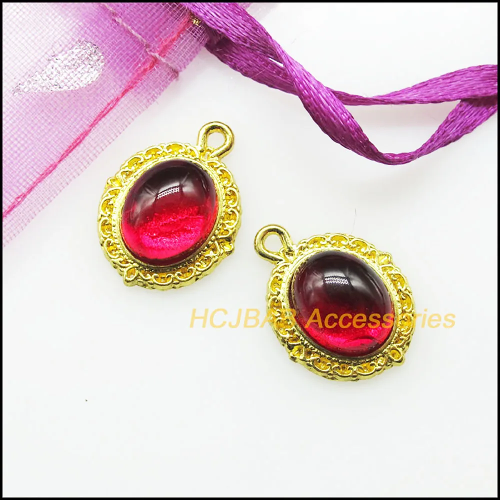15 New Oval Charms Red Flower Glaze Pendants Tibetan Silver Plated & Gold Color 14x18mm