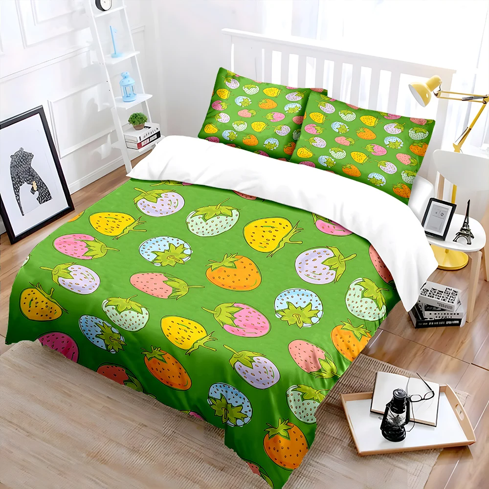 Colorful strawberry pattern green Print Soft Comfortable Duvet Cover Bedding Set Included 1*Duvet Cover  2*Pillowcases