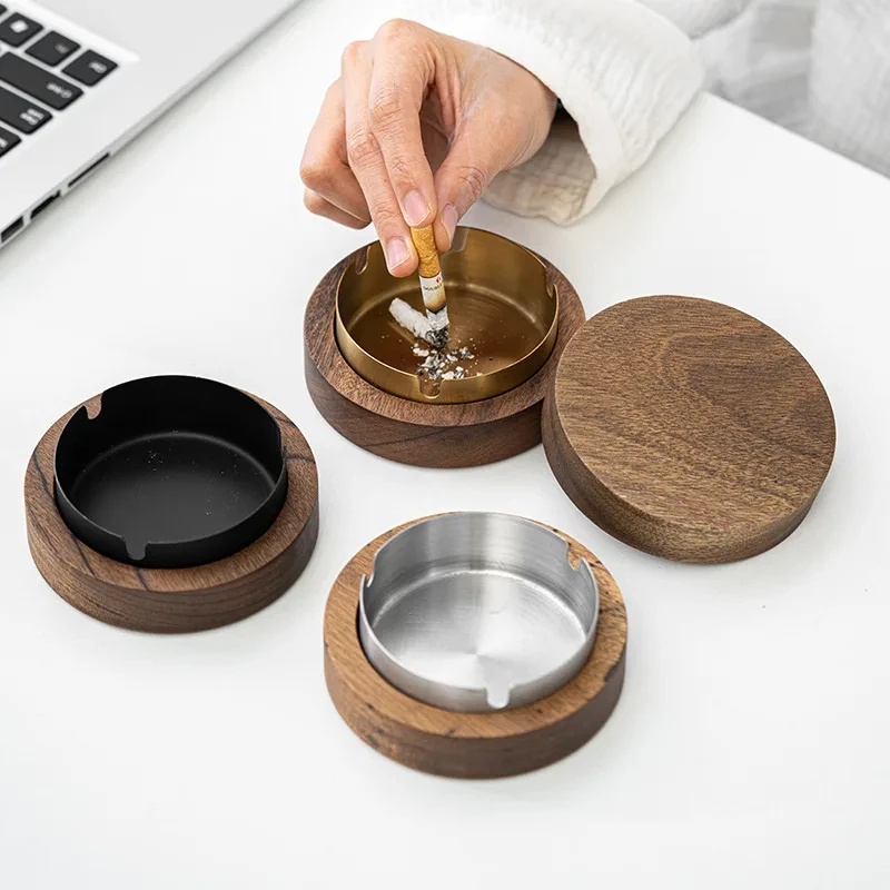 

New Wooden Ashtray With Lid Smokers Stainless Steel Liner Windproof Ashtray Durable Easy To Clean Patio Office Home Cigar Holder