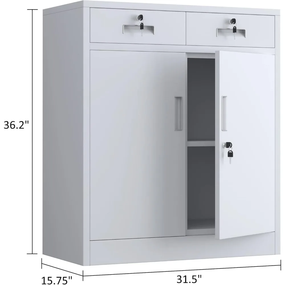

Metal Storage Cabinet with Locking Doors and 2 Drawers, Lockable Storage Cabinets with Adjustable Shelf for Home Office