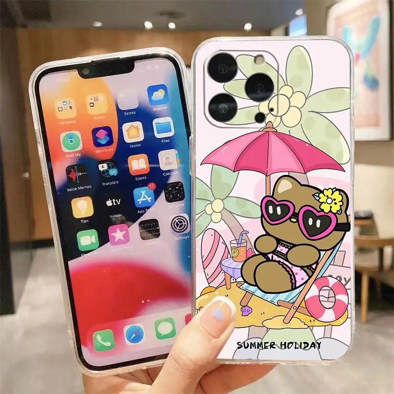 Clear Case For iPhone Apple 14 12 13 Mini 11 Pro SE 8 7 6 15 Plus X XR XS Max SE Case Funda Coque Shell Beach Black Hello Kitty