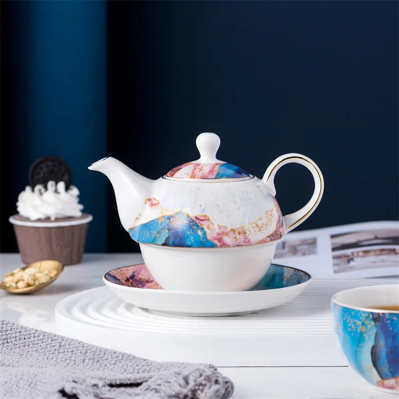 

Porcelain Nordic Stacked Teapot with Tea Cup Set Ceramic Watercolor Teapots with Stacked Coffee Cup Dish
