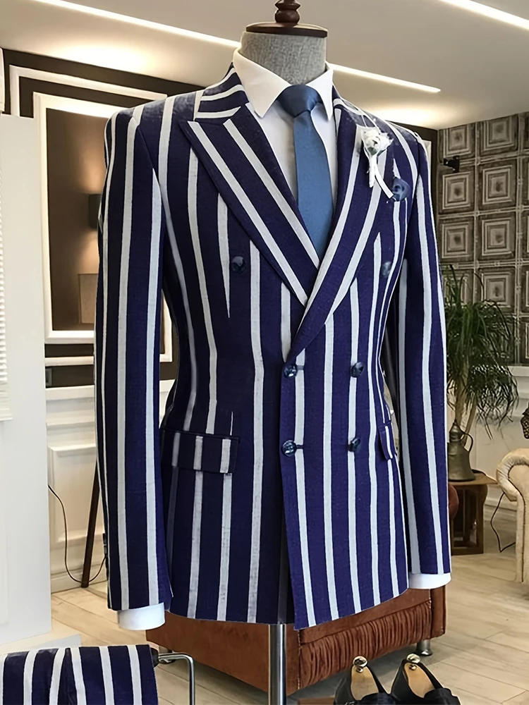Men Stylish Blue White Striped Blazer Double-breasted Lapel Straight Business Attire For Male Evening Prom Office Suit Jackets