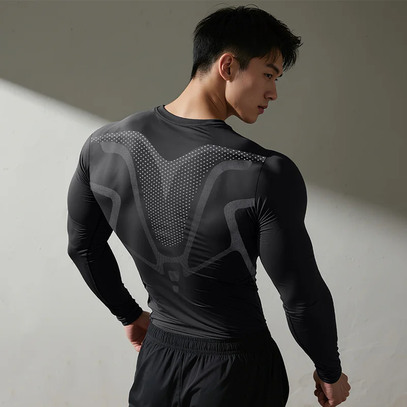 

Men's printed long-sleeved shirt, heat transfer tight elastic T-shirt, street style gym training, breathable and comfortable fit