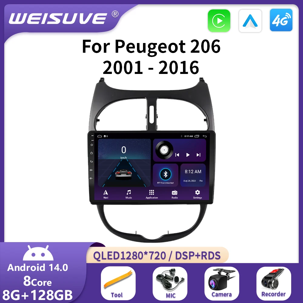 

2 Din Android 14 For Peugeot 206 206CC 206SW 2001 - 2016 Car Radio Multimedia Player Carplay Auto Stereo GPS DSP DVD Head Unit