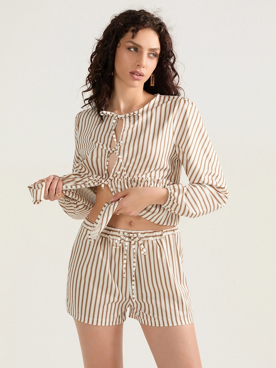 Women s Striped Outfit Tiered Long Sleeve Tie-Up Shirt Elastic Waist Shorts Casual 2 Piece Set for Fall