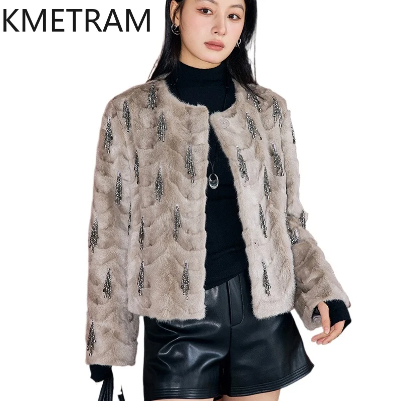 Real Mink Fur Coat Women Clothing Cropped Fur Jacket Old Money Style Outerwears Ladies Coats for Winter Fourrures Femmes 2024